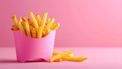 Golden French Fries in Pink Carton on Pink Background
