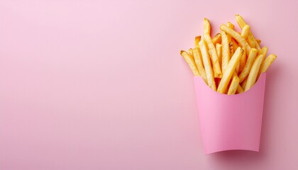Golden French Fries in Pink Carton on Pink Background