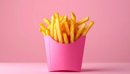 Golden French Fries in Pink Carton on Pink Background