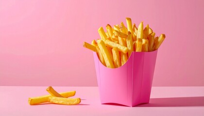 Golden French Fries in Pink Carton on Pink Background