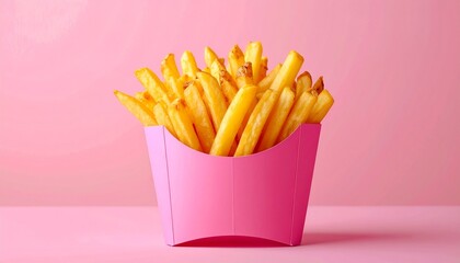 Golden French Fries in Pink Carton on Pink Background