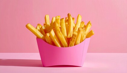 Golden French Fries in Pink Carton on Pink Background