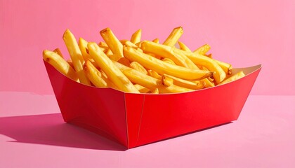 Golden French Fries in red Carton on Pink Background