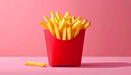 Golden French Fries in red Carton on Pink Background