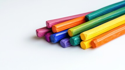 Bold rainbow chalk sticks overlapping on white backdrop, full of texture and color