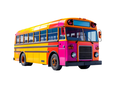 Vibrant, retro-styled school bus with yellow, orange, pink, and red geometric paint job. Large windows, classic design