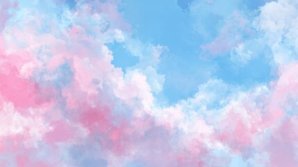 Naklejka premium Whimsical Sky with Clouds: Soft, dreamy clouds drift across a pastel-colored sky, painted with hues of pink and blue, evoking a sense of peace and wonder. 