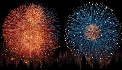 Two vibrant fireworks displays, orange-red and blue, against a dark night sky