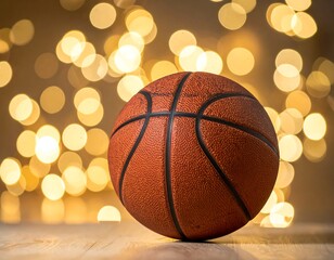 Obraz premium Basketball on a wooden surface with bokeh lights