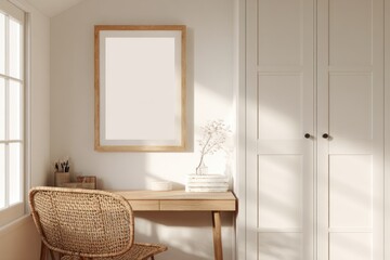 A sun-drenched room, a light wood desk with a wicker chair, and a blank framed print
