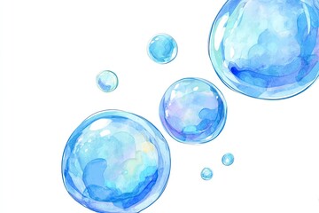 Watercolor depiction of light blue bubbles, various sizes, against white background