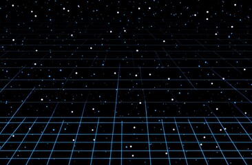 Retro-inspired space illustration shows a vibrant blue grid vanishing into a star-filled, dark blue background