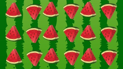Vibrant summer fruit pattern featuring an array of fresh watermelon slices on a striped green background