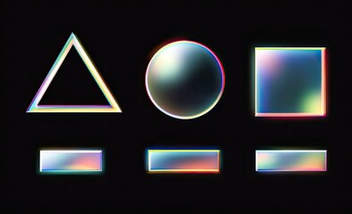 Geometric shapes with iridescent holographic effects on a black background