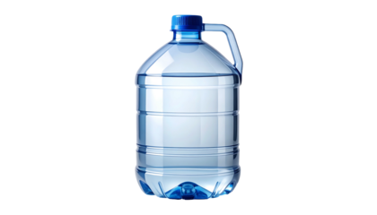 Large, clear plastic water jug with a blue cap and handle, partially filled, showing subtle ribbing