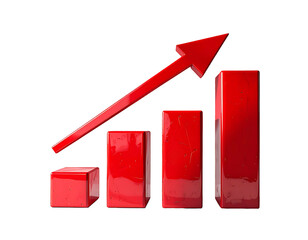 A 3D rendered bar graph with a red, upward-pointing arrow showcasing growth and positive trend, featuring glossy, textured bars