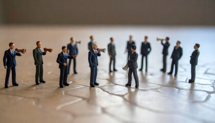 Miniature executives rallying with megaphones leadership and influence at corporate gathering