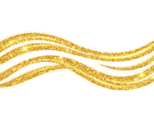 Three shimmering gold wavy lines on a black background, resembling flowing liquid or glittering ribbons, with subtle sparkle and texture