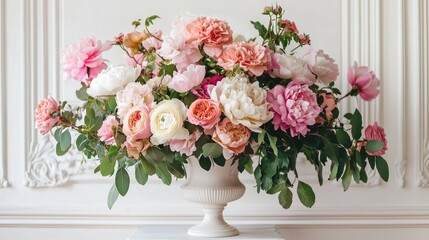 Obraz premium Vibrant Floral Arrangement of Pink and White Roses in Elegant Vase for Home Decor and Special Occasions