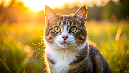 A tabby cat in a golden sunset field