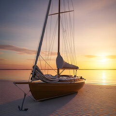 Sailboat at Sunset on Sandy Beach - A Serene Maritime Escape