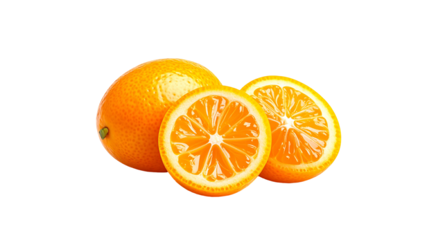 Two whole oranges and one halved, revealing juicy, segmented interior against a black background.  Bright, vibrant orange hues dominate the image