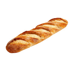Long, golden-brown baguette, slightly angled, with visible,  parallel cuts