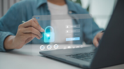Cybersecurity concept with person logging in on virtual screen interface, showing padlock icon and secure login system for privacy protection on digital platforms.