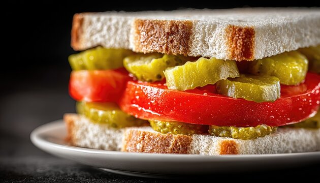Close-up of a sandwich with dill pickles and tomato slices
