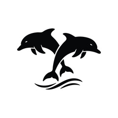 Naklejka premium Jumping Dolphins Silhouette Over Waves