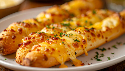 Cheesy breadsticks, golden baked texture. Tasty food. Delicious snack.