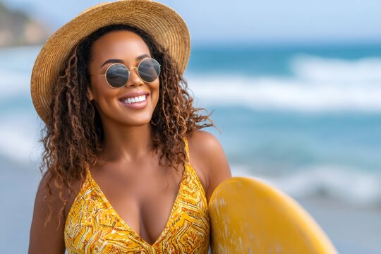 Happy woman surfer enjoying beach day lifestyle