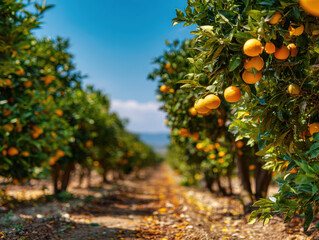Bright orange citrus fruits hanging from lush green trees in a sunny orchard with a clear blue sky and a dirt pathway leading deeper into the grove.