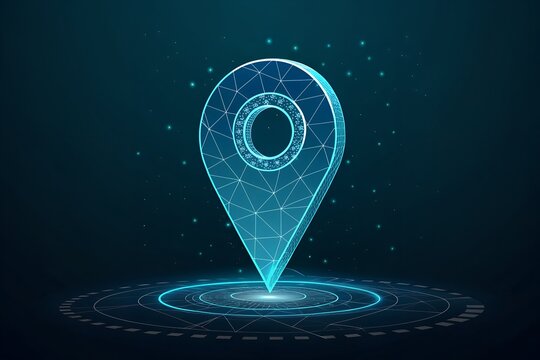 Futuristic low poly digital map pin hologram glowing with technology and network connections abstract concept