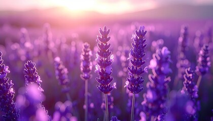 Lavender Field at Sunset with Glowing Warm Light in Rural Landscape Ultra Sharp Cinematic Detail