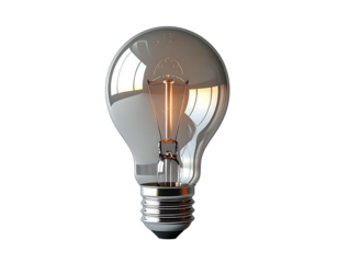 Glowing incandescent light bulb, clear glass, silver base, set against a black background, reflecting light