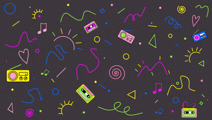 Vibrant Neon Doodle Art With Cassette Tapes, Shapes, And Confetti On Dark Background
