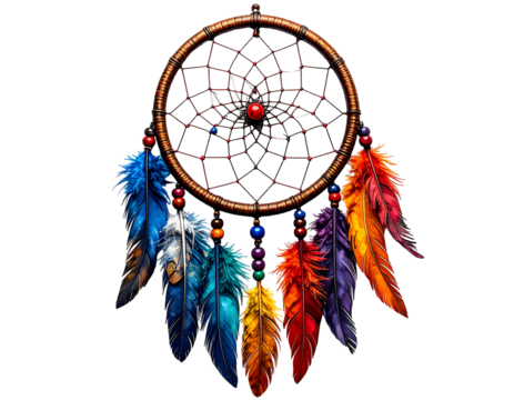 Ornate dreamcatcher with a brown wooden ring, intricate dark web, central red bead, and vibrant rainbow-colored feathers hanging below