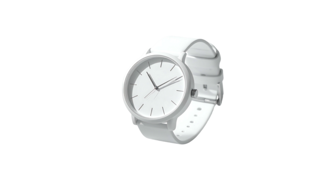 Minimalist white wristwatch with a simple round face, thin hands, and a white silicone band; subtly angled view