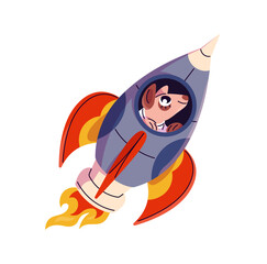 Funny animal spaceman flies on rocket in cosmos. Cute character astronaut is flying on spaceship. Flight of spacecraft. Launch of shuttle into space. Flat isolated vector illustration on white