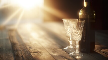 An elegant wine bottle and crystal glasses on a rustic table with golden reflections from soft backlighting. bar promotions, beverage menus, designed for product packaging and bar promotions.