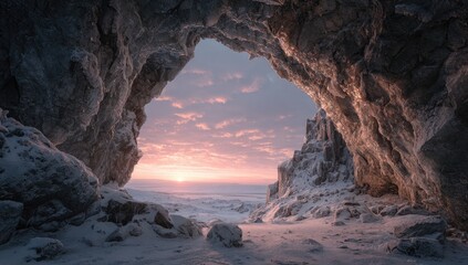Frozen cave archway sunrise