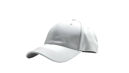 A clean, simple white baseball cap, angled slightly to the left, sits on a black background.  Structured crown, curved brim