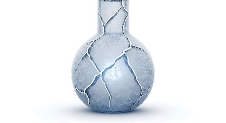 Close-up of a cracked, frozen laboratory flask against a stark white background, symbolizing fragility and scientific experimentation