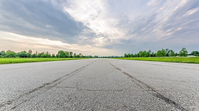 Panoramic view of an empty road under cloudy skies, capturing a serene and open landscape. travel magazines, destination branding, designed for outdoor magazines and nature guides.