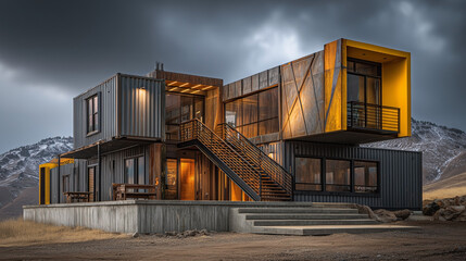 A large yellow house with a staircase leading up to it