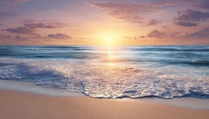 Sunrise over a tranquil beach.  Ocean waves gently lap at the shore.  Vibrant colors of sunrise paint the sky