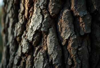 Fototapeta premium Close-up view of a textured tree trunk, showcasing intricate patterns and deep, varied tones of gray and brown.