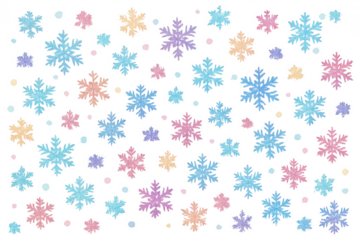 Pastel colored glittering snowflakes pattern on transparent background for festive winter holidays decorating