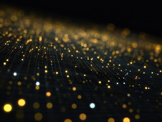 Fototapeta premium Golden Wave of Light: An artistic visualization of data flow. Dazzling gold spheres interconnected by fine lines, forming a wave-like pattern against a dark background.